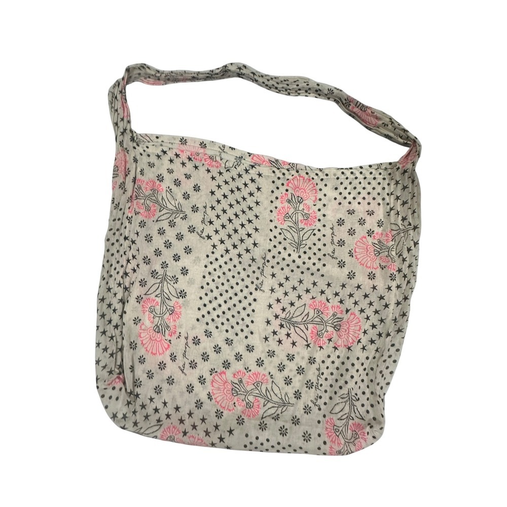 Free People Mixed Print Floral Star Polka Dot Cotton Gauze Tote Bag Pink Black